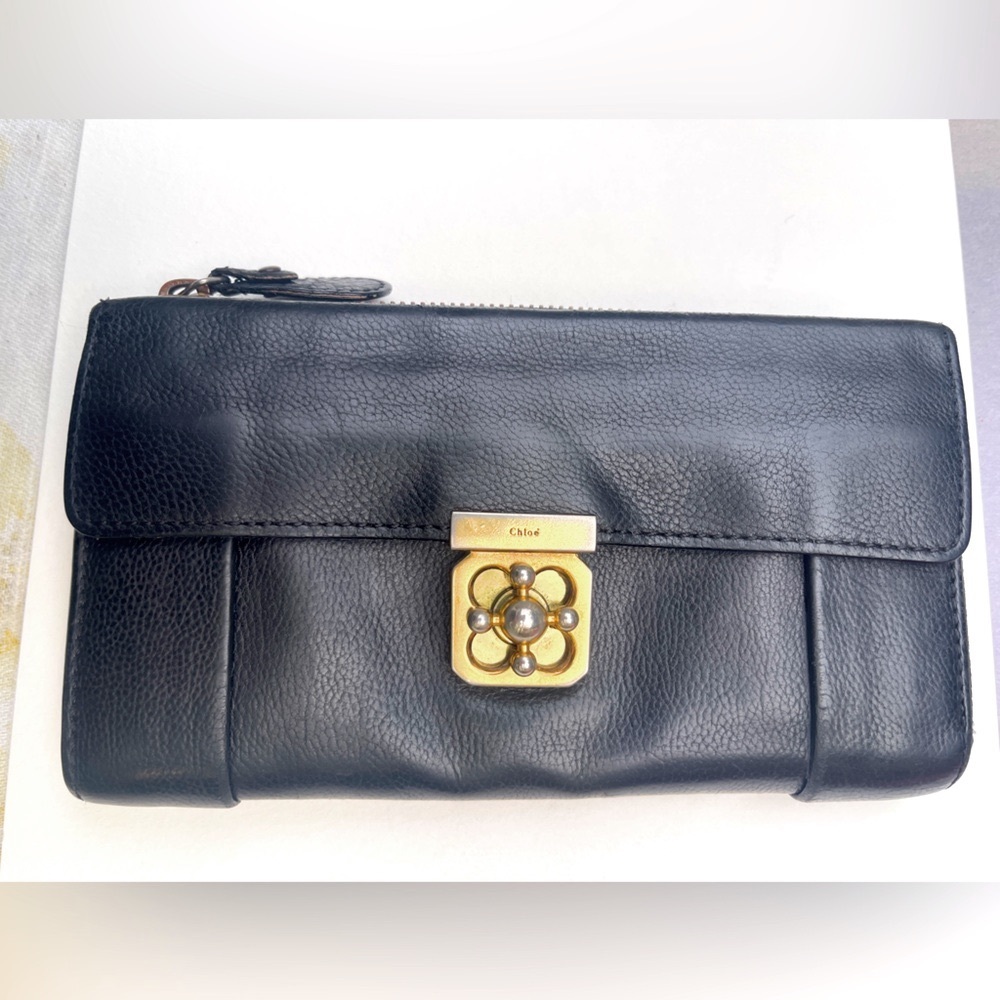 Chloe Elise Long Twist Lock Black and Gold Leather Wallet - Picture 2 of 16